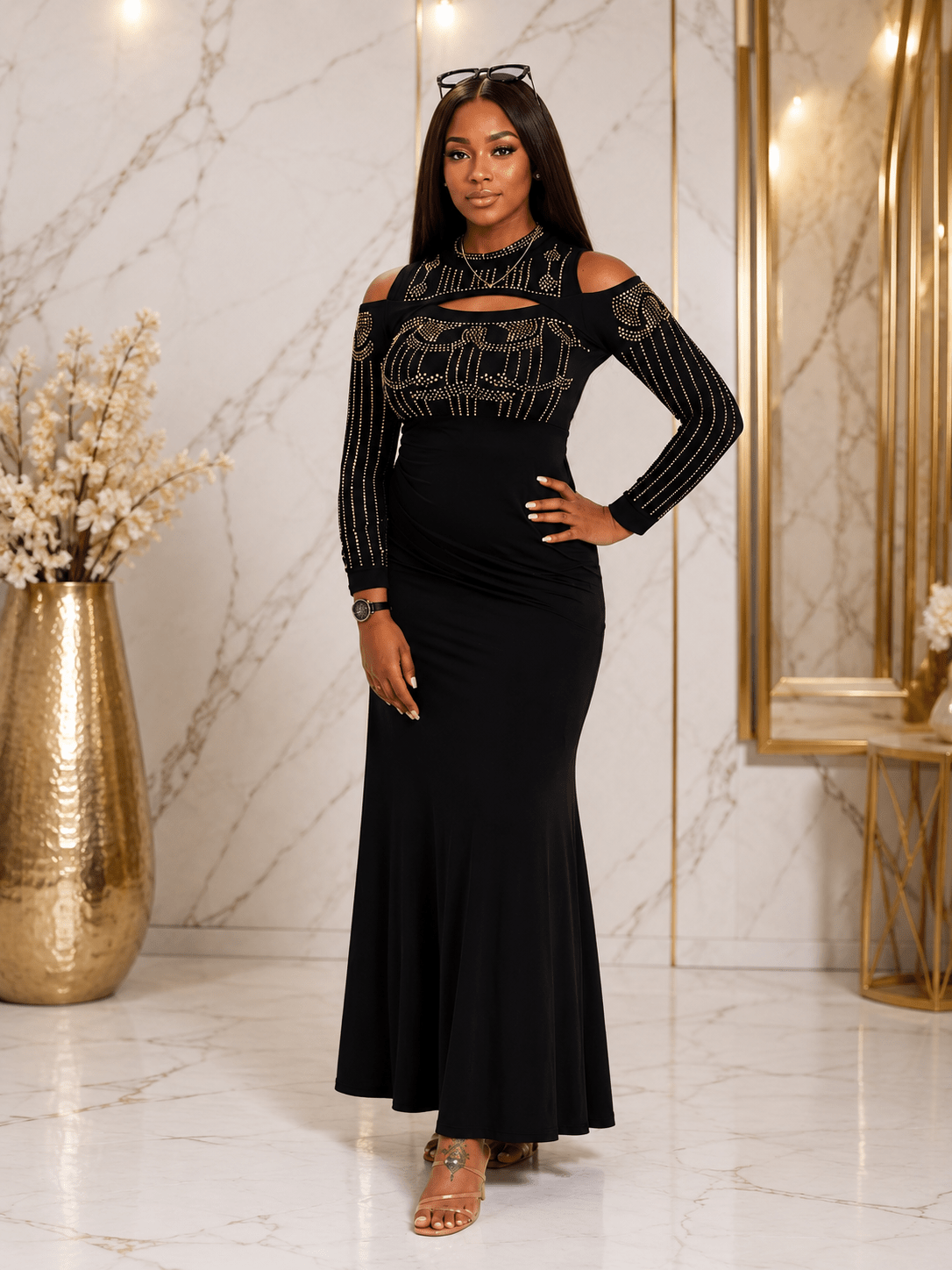 Women's Black Rhinestone Cold Shoulder Maxi Dress – Long Sleeve Elegant Evening & Party Dress - Maxi Dress - Cherubim Aura