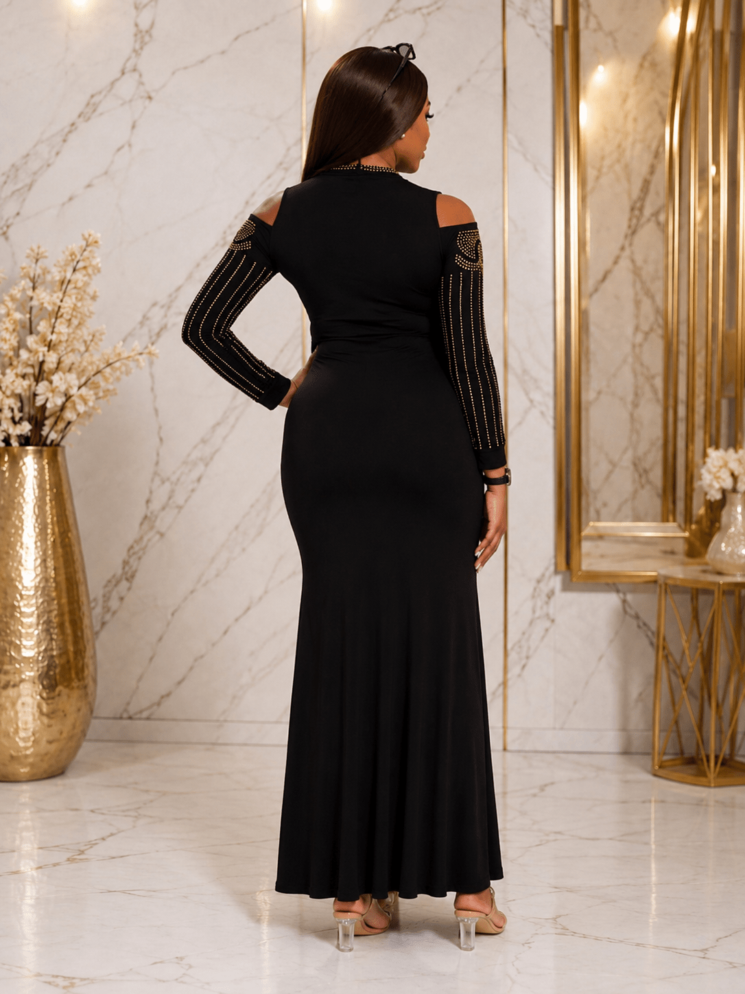 Women's Black Rhinestone Cold Shoulder Maxi Dress – Long Sleeve Elegant Evening & Party Dress - Maxi Dress - Cherubim Aura