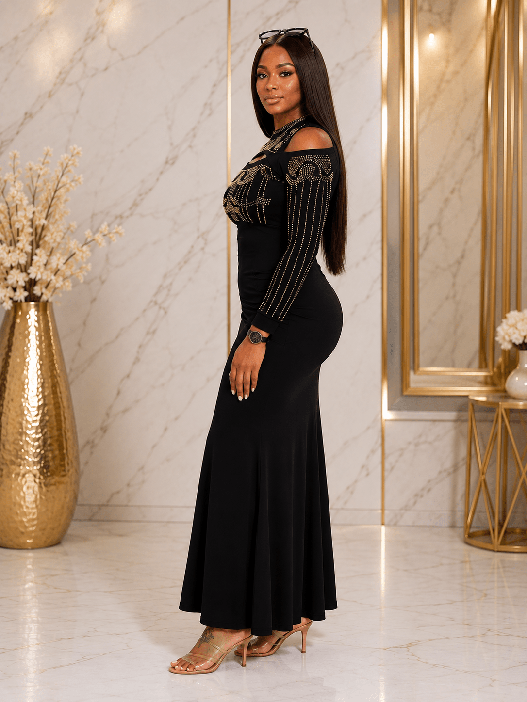 Women's Black Rhinestone Cold Shoulder Maxi Dress – Long Sleeve Elegant Evening & Party Dress - Maxi Dress - Cherubim Aura