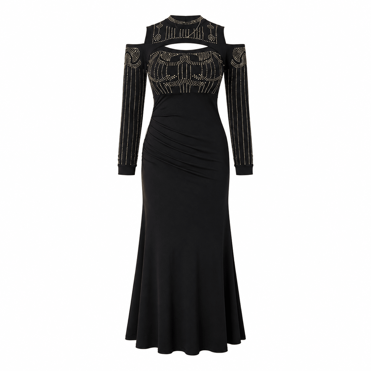 Women's Black Rhinestone Cold Shoulder Maxi Dress – Long Sleeve Elegant Evening & Party Dress - Maxi Dress - Cherubim Aura