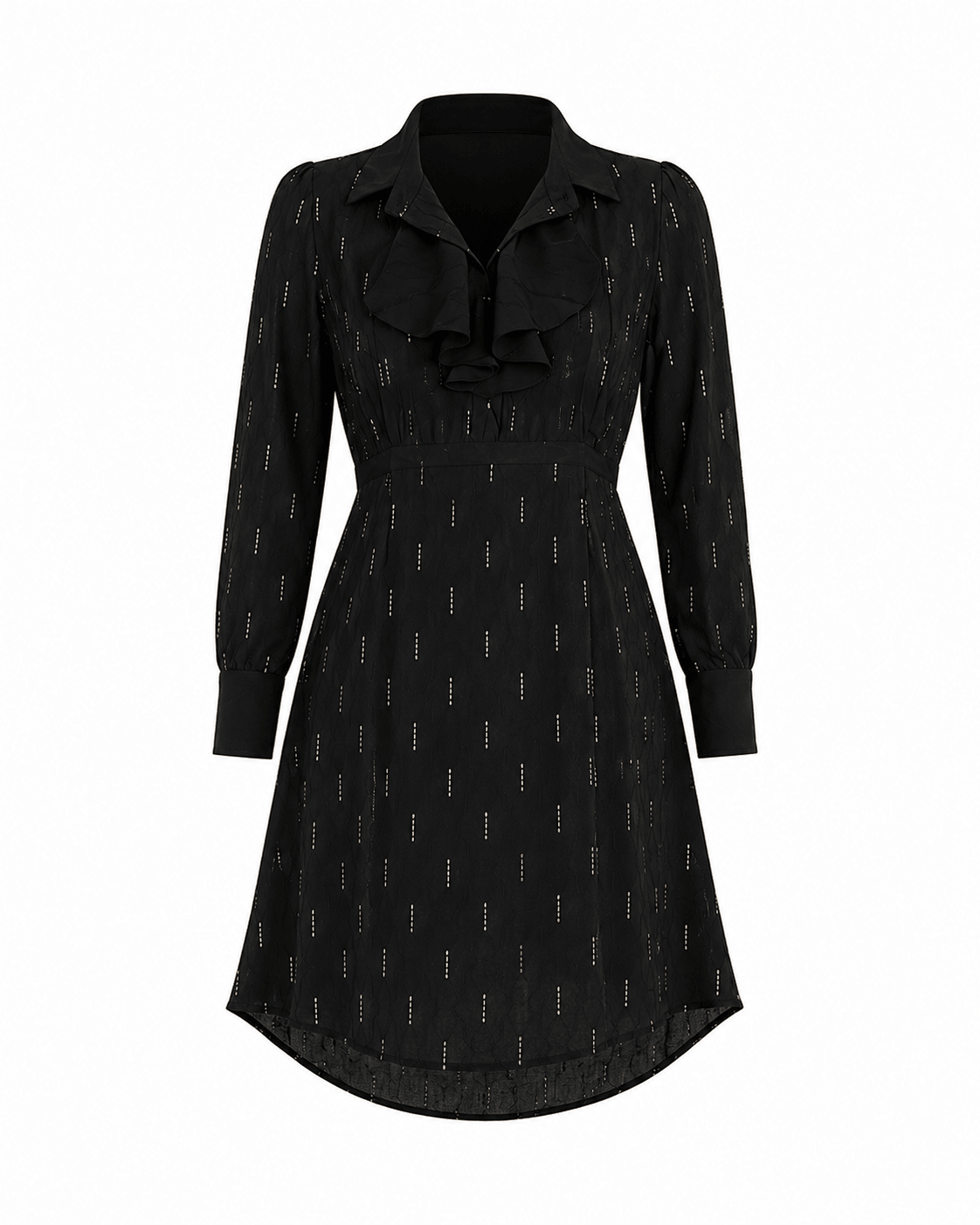 Women's Black Ruffle Collar Mini Dress – Long Sleeve A-Line Shirt Dress with Metallic Stripe Detail - Mini Dress - Cherubim Aura