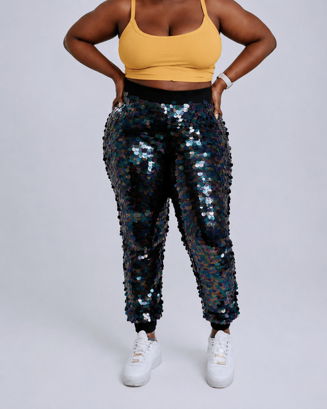 Women’s Black Sequin Jogger Trousers – Iridescent Full-Length Party Pants with Elastic Waist and Cuffed Ankles - Trouser - Cherubim Aura