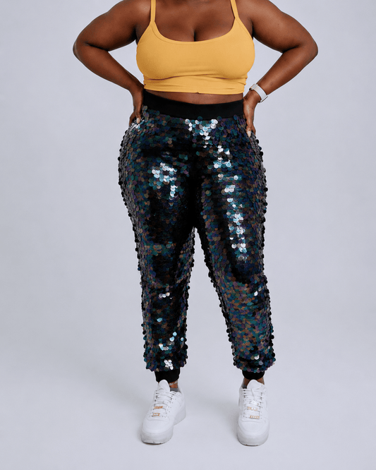 Women’s Black Sequin Jogger Trousers – Iridescent Full-Length Party Pants with Elastic Waist and Cuffed Ankles - Trouser - Cherubim Aura