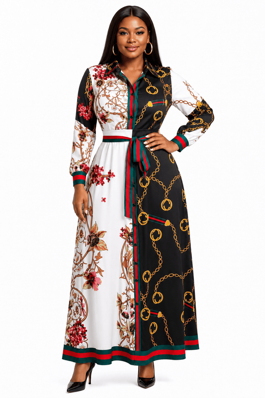 Women’s Black & White Colour Block Chain Print Maxi Dress – Floral Long Sleeve Belted Shirt Dress - Maxi Dress - Cherubim Aura