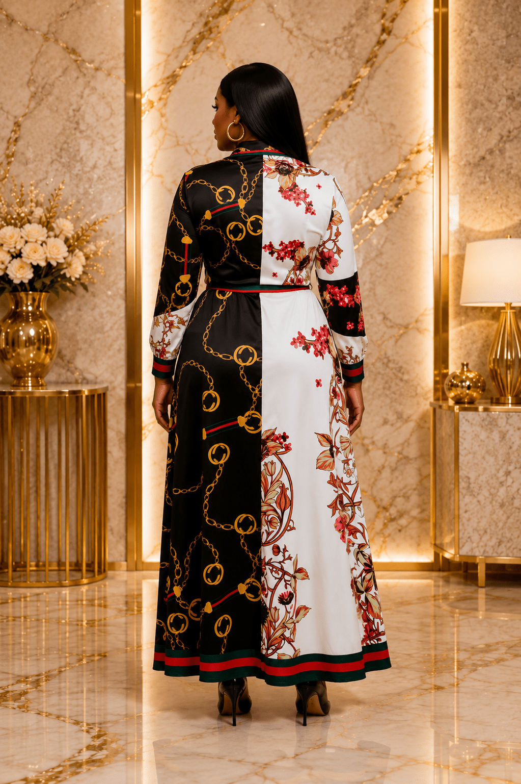 Women’s Black & White Colour Block Chain Print Maxi Dress – Floral Long Sleeve Belted Shirt Dress - Maxi Dress - Cherubim Aura