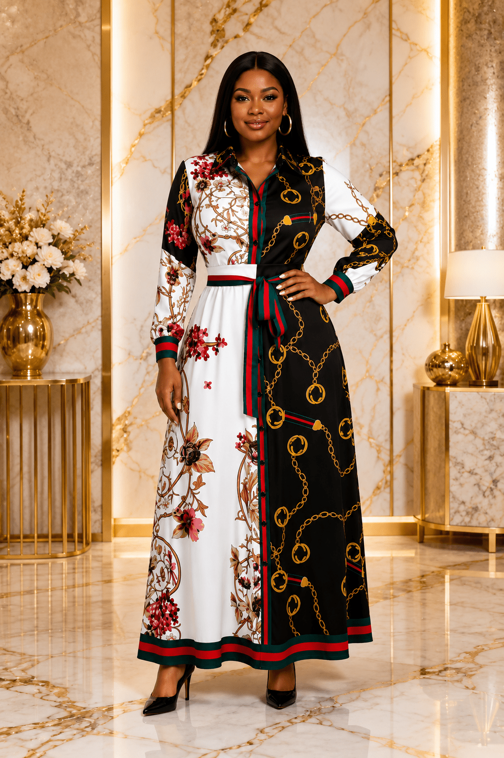 Women’s Black & White Colour Block Chain Print Maxi Dress – Floral Long Sleeve Belted Shirt Dress - Maxi Dress - Cherubim Aura