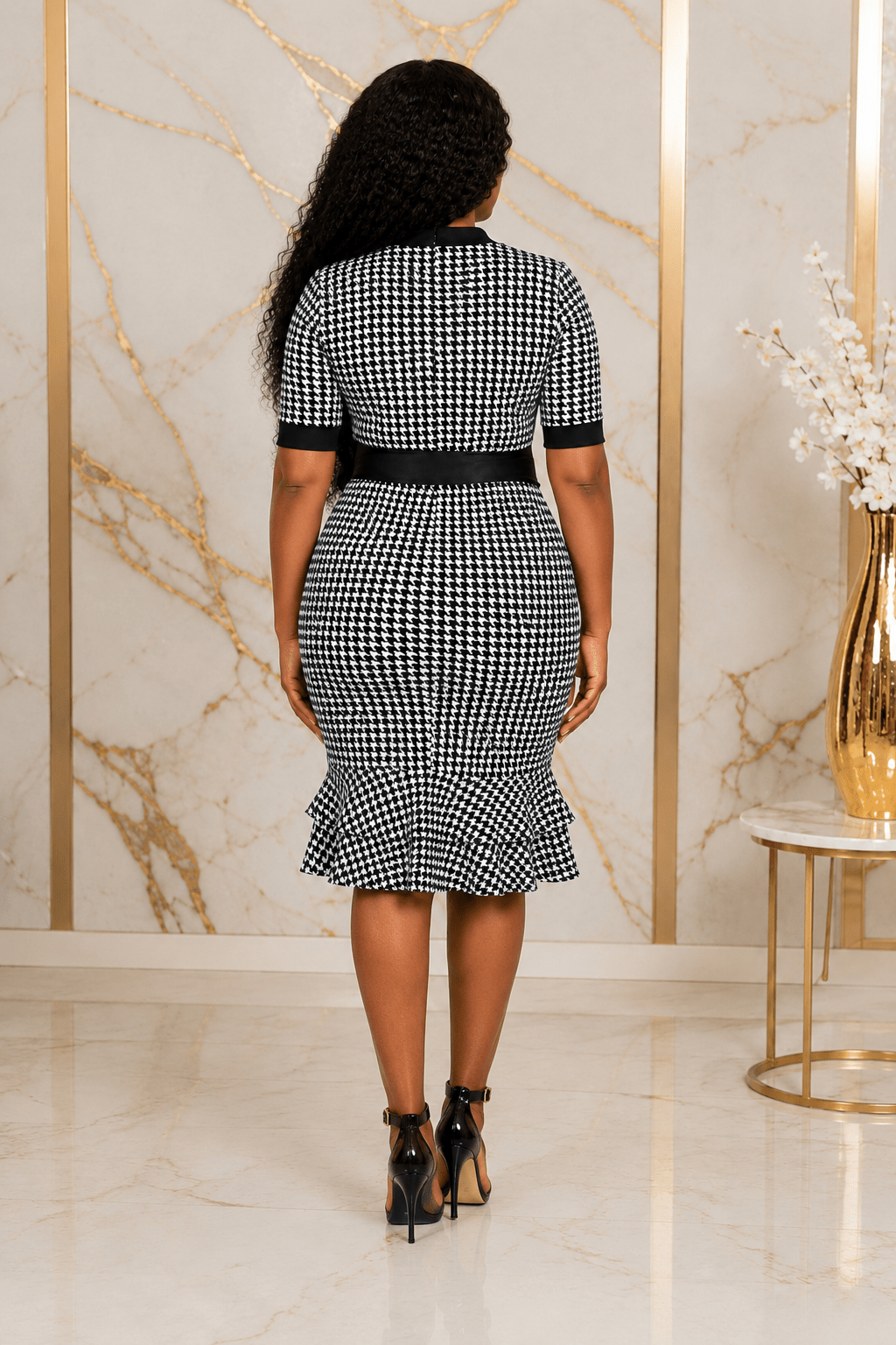 Women's Black & White Houndstooth Mermaid Midi Dress – Elegant Belted Bodycon Office Dress - Midi Dresses - Cherubim Aura