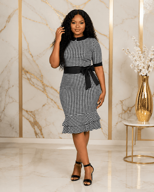 Women's Black & White Houndstooth Mermaid Midi Dress – Elegant Belted Bodycon Office Dress - Midi Dresses - Cherubim Aura