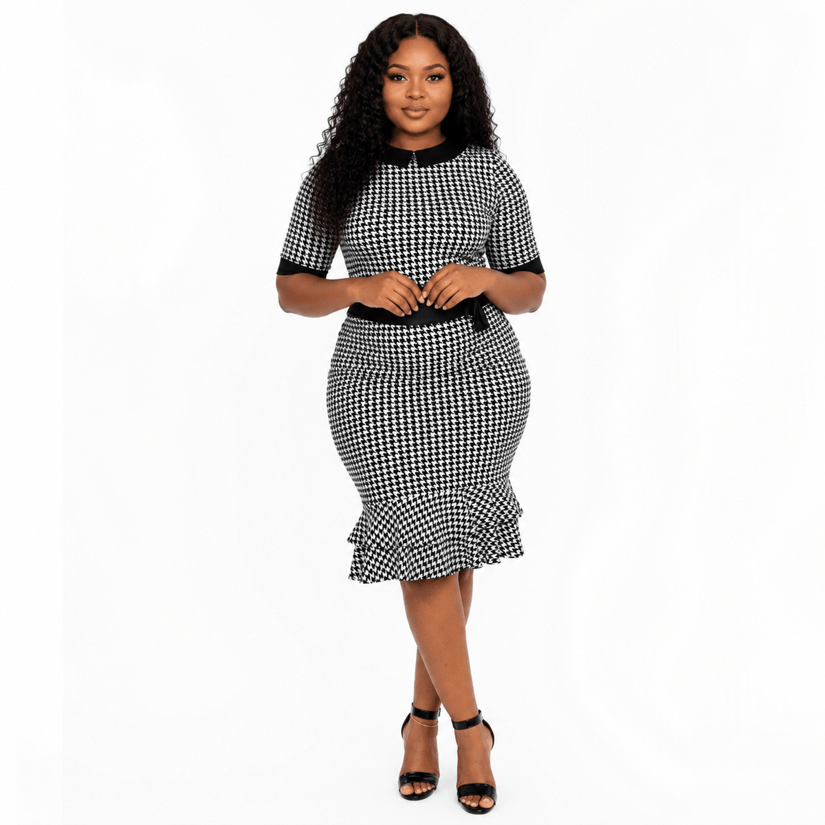 Women's Black & White Houndstooth Mermaid Midi Dress – Elegant Belted Bodycon Office Dress - Midi Dresses - Cherubim Aura