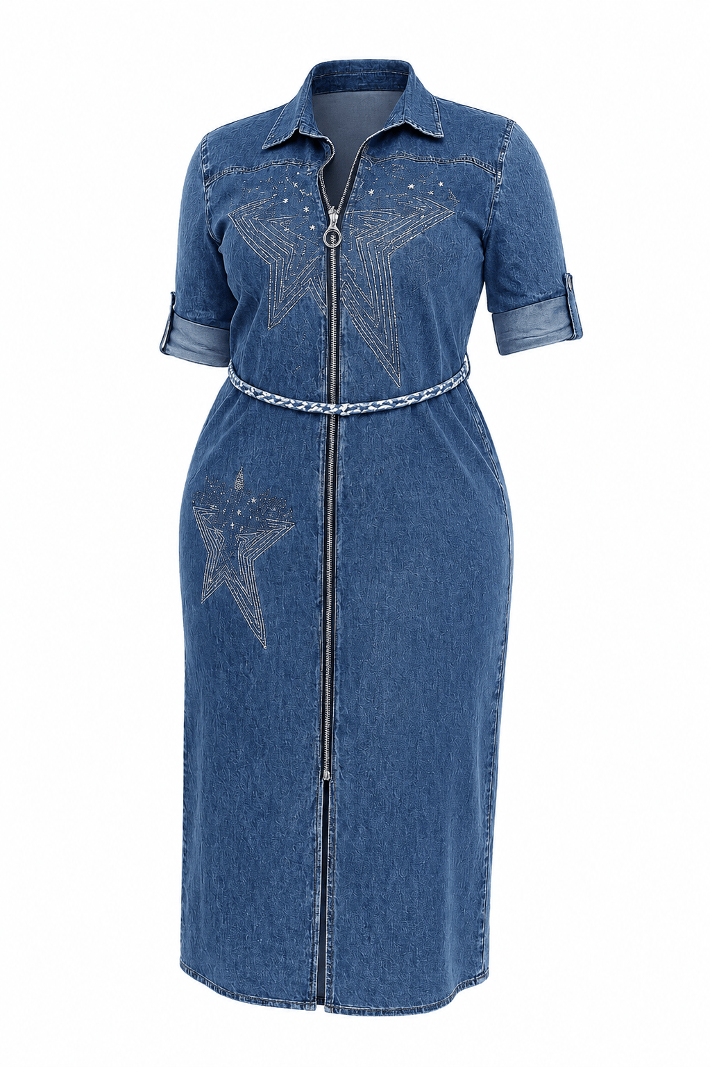 Women's Blue Denim Zip Front Midi Dress – Star Embellished Belted Shirt Dress - Midi Dresses - Cherubim Aura