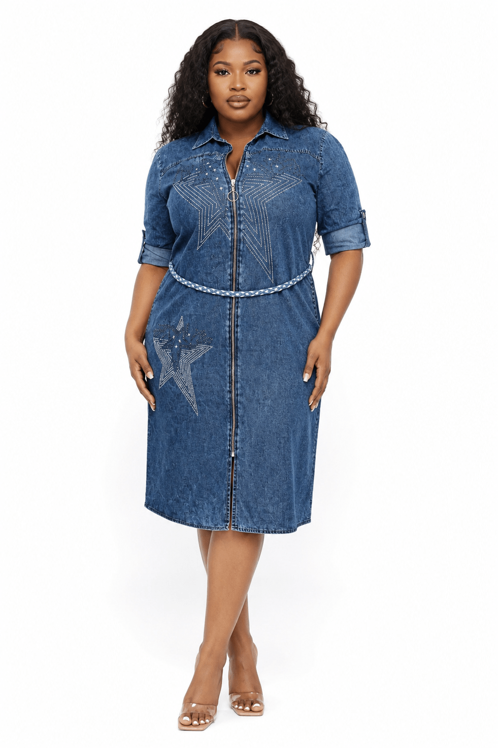 Women's Blue Denim Zip Front Midi Dress – Star Embellished Belted Shirt Dress - Midi Dresses - Cherubim Aura
