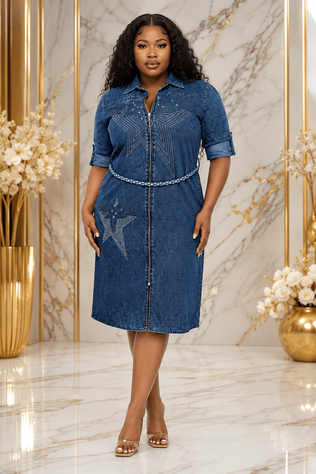 Women's Blue Denim Zip Front Midi Dress – Star Embellished Belted Shirt Dress - Midi Dresses - Cherubim Aura