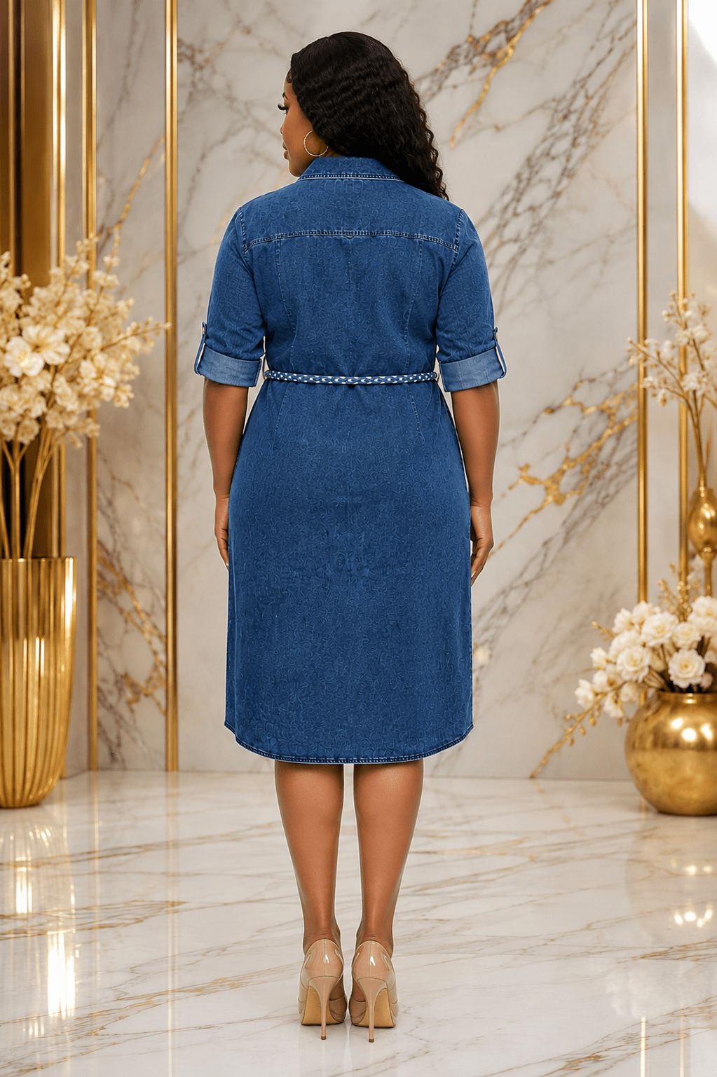 Women's Blue Denim Zip Front Midi Dress – Star Embellished Belted Shirt Dress - Midi Dresses - Cherubim Aura