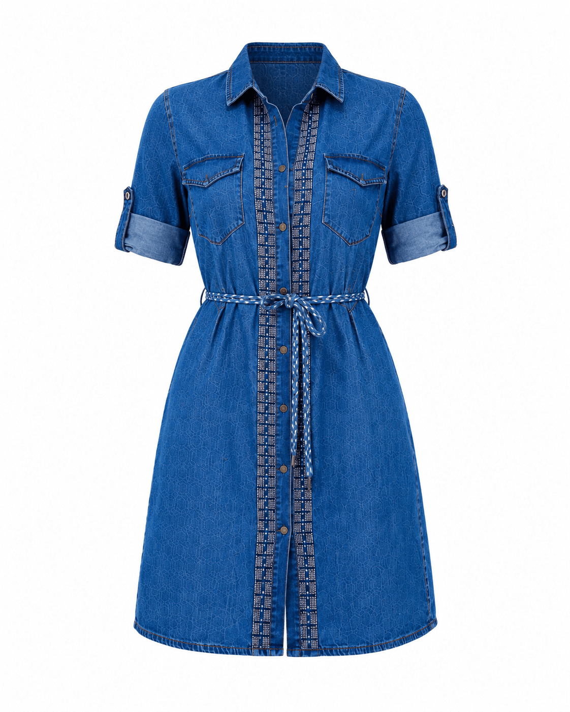 Women's Blue Embellished Denim Shirt Mini Dress with Tie Waist | Collared Button-Front Casual Summer Dress - Mini Dress - Cherubim Aura