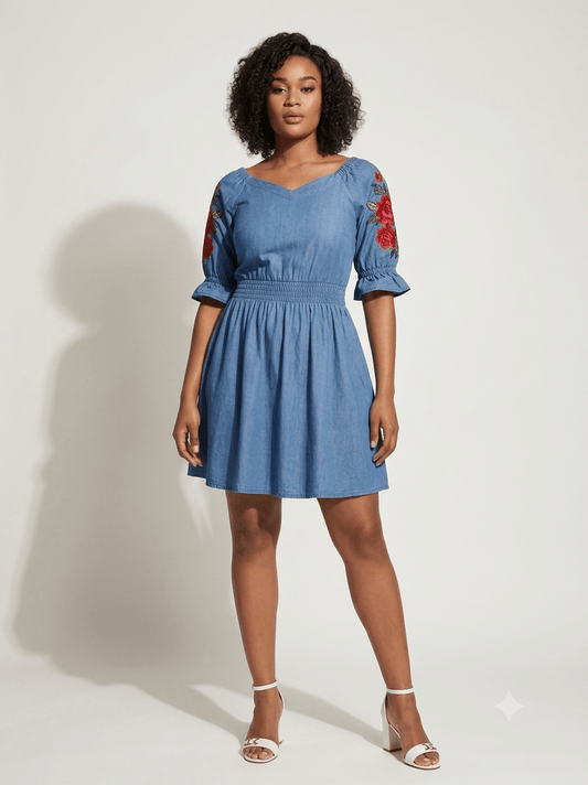 Women's Blue Embroidered Denim Mini Dress – Smocked Waist, V-Neck, Puff Sleeves | Casual Summer Skater Dress - Mini Dress - Cherubim Aura