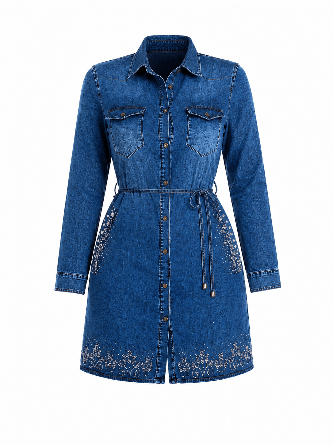 Women's Blue Embroidered Denim Shirt Dress – Long Sleeve Button Front Mini Dress with Waist Tie - Mini Dress - Cherubim Aura