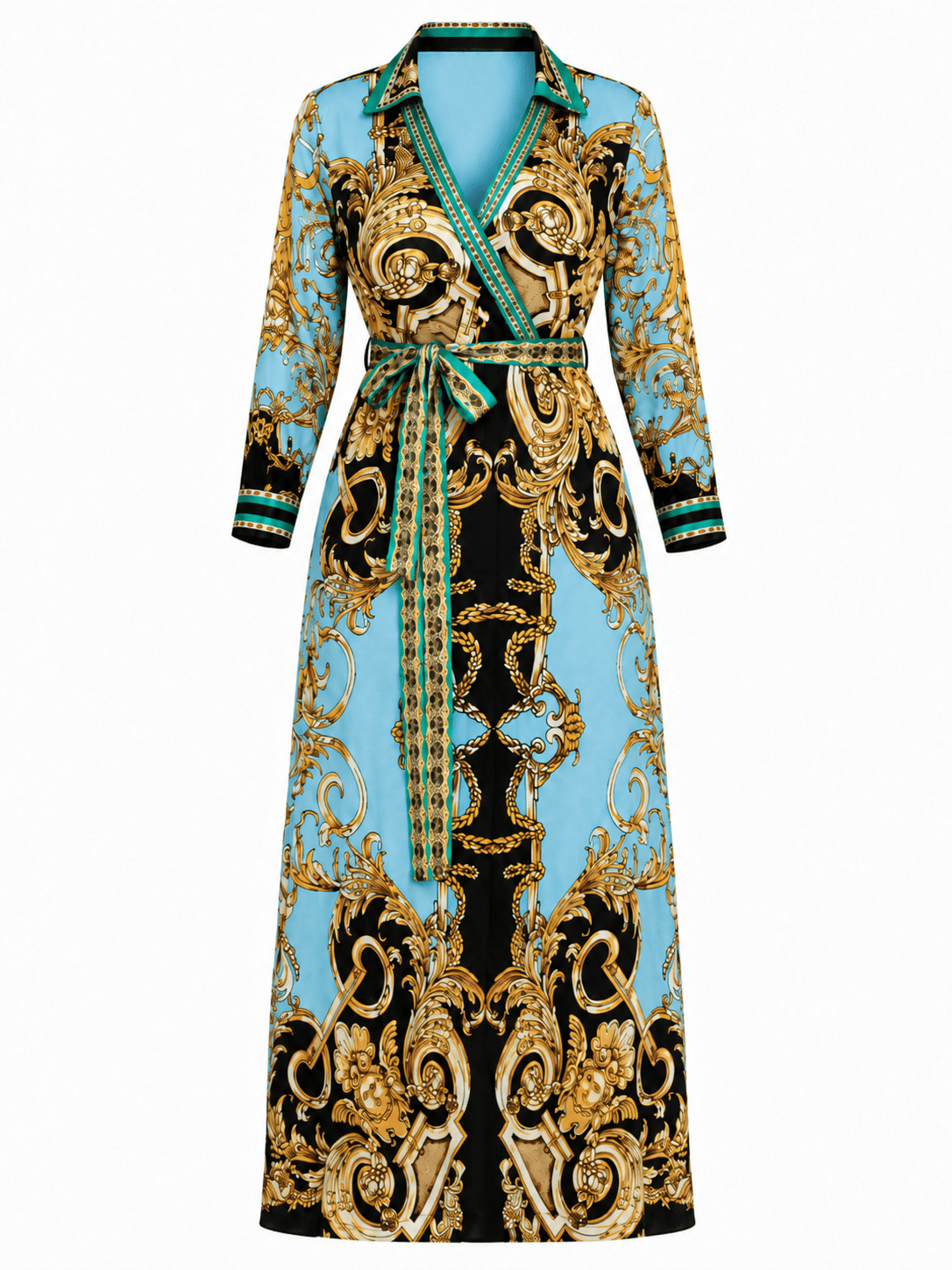 Women's Blue & Gold Baroque Print Collared Wrap Maxi Dress – Long Sleeve Belted Elegant Maxi Dress - Maxi Dress - Cherubim Aura