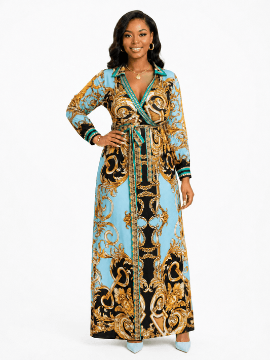 Women's Blue & Gold Baroque Print Collared Wrap Maxi Dress – Long Sleeve Belted Elegant Maxi Dress - Maxi Dress - Cherubim Aura
