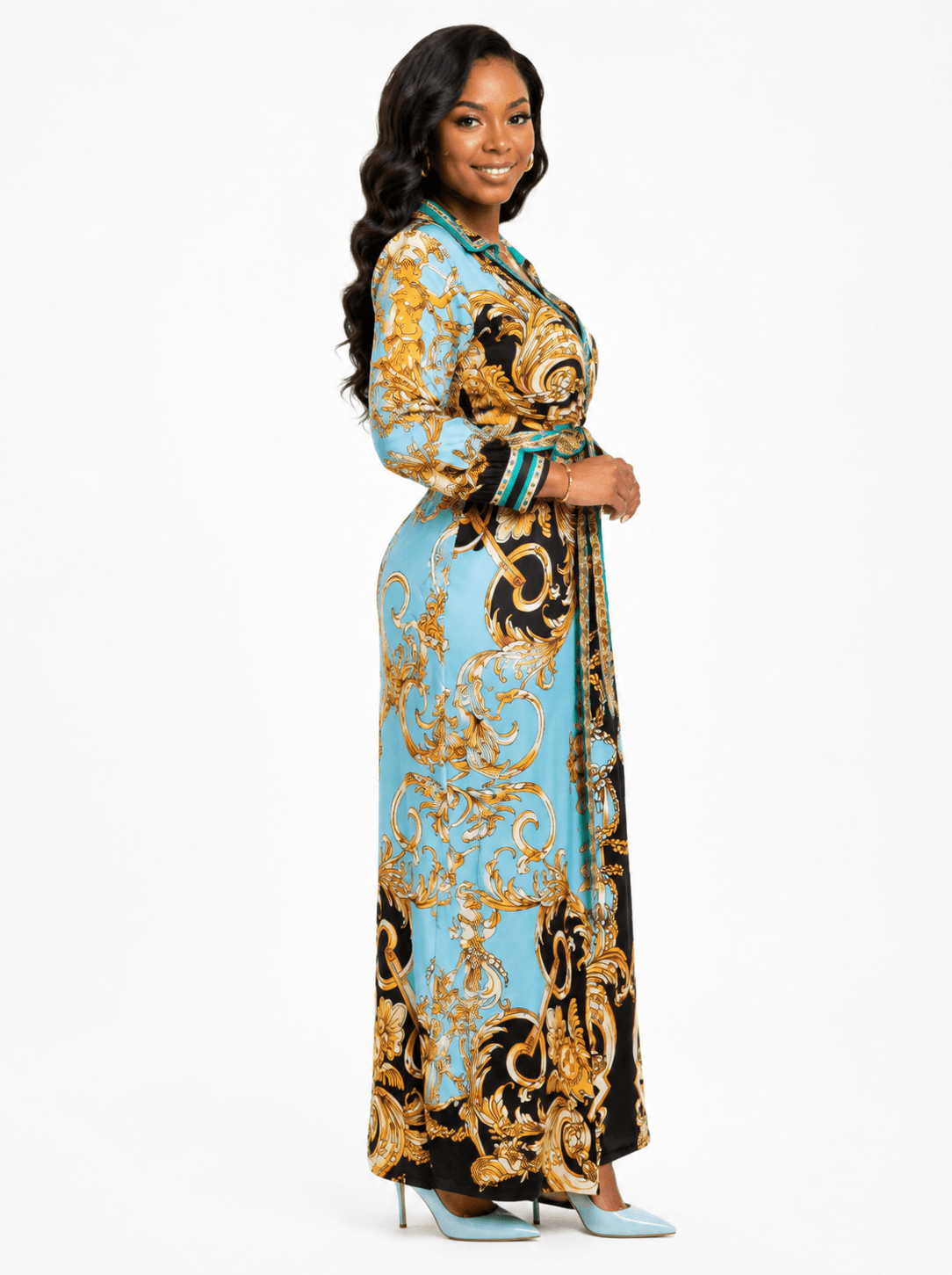 Women's Blue & Gold Baroque Print Collared Wrap Maxi Dress – Long Sleeve Belted Elegant Maxi Dress - Maxi Dress - Cherubim Aura