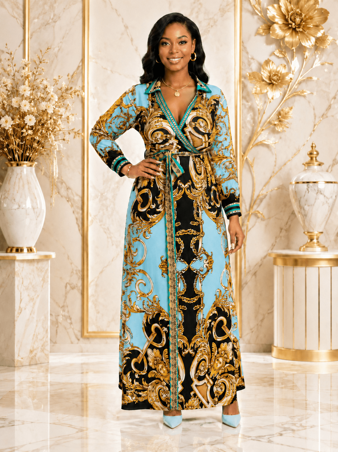Women's Blue & Gold Baroque Print Collared Wrap Maxi Dress – Long Sleeve Belted Elegant Maxi Dress - Maxi Dress - Cherubim Aura