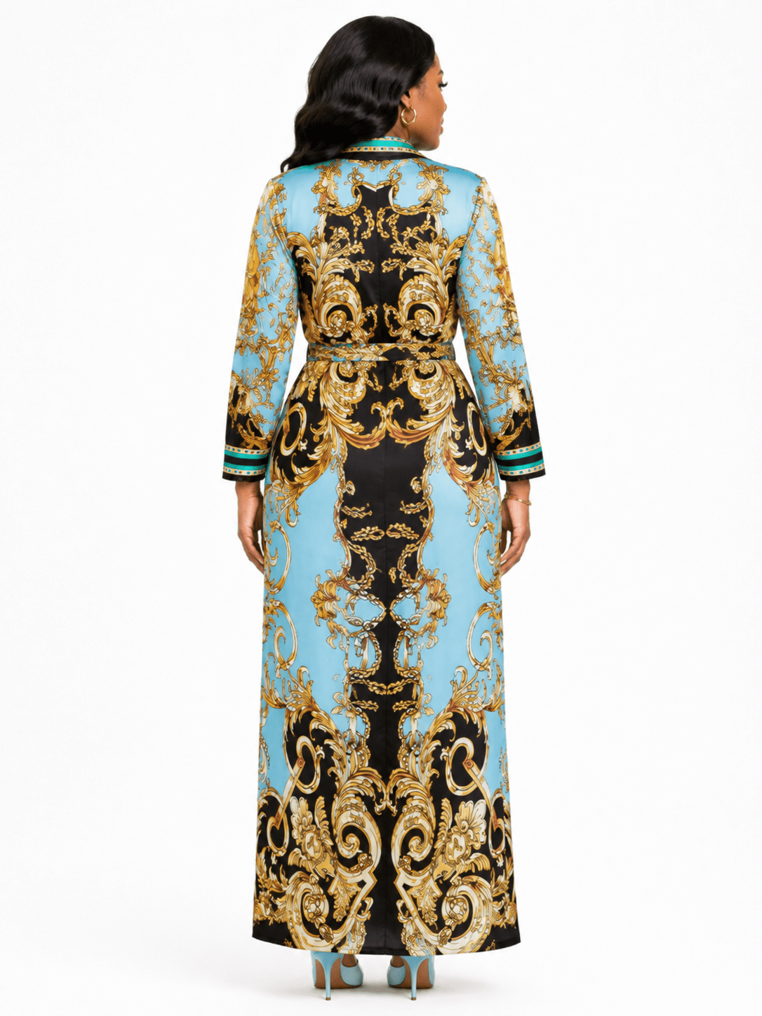Women's Blue & Gold Baroque Print Collared Wrap Maxi Dress – Long Sleeve Belted Elegant Maxi Dress - Maxi Dress - Cherubim Aura