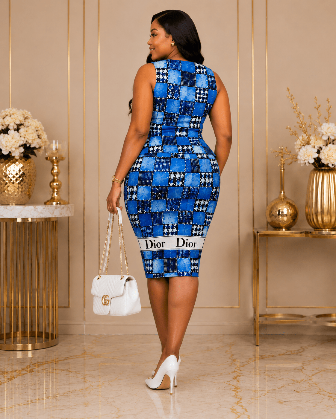 Women’s Blue Patchwork 2 Piece Skirt Set – Sleeveless Top & Pencil Skirt - Matching Set - Cherubim Aura