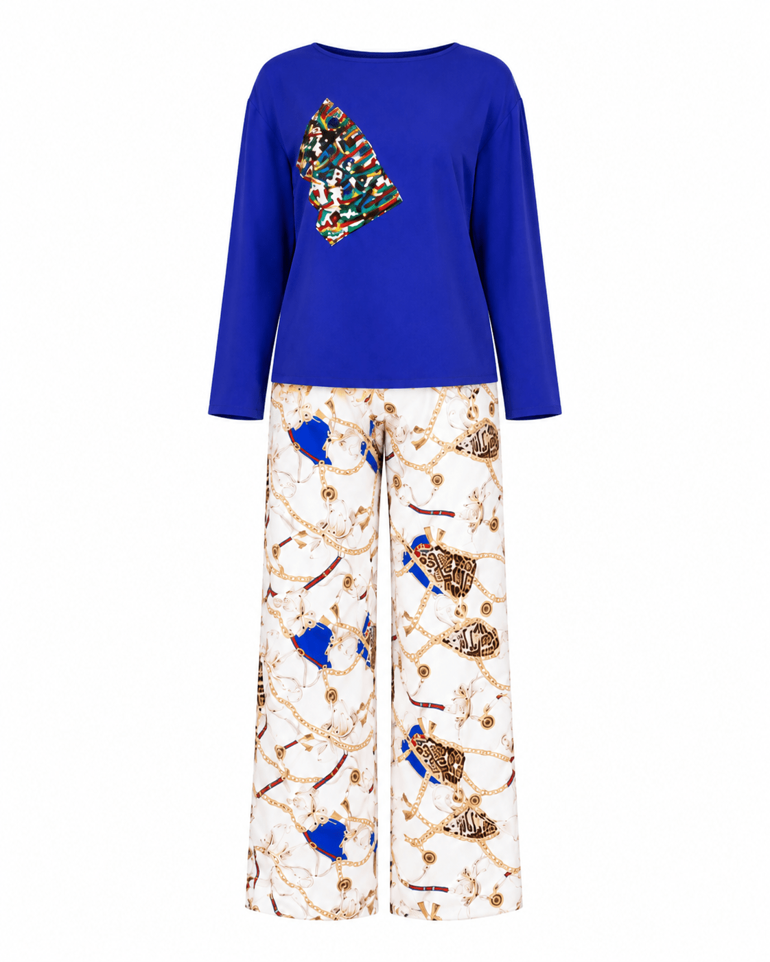 Women's Blue Printed Two-Piece Loungewear Set – Long Sleeve Top & Wide Leg Trousers Co-Ord Set - Co-ordinated Set - Cherubim Aura