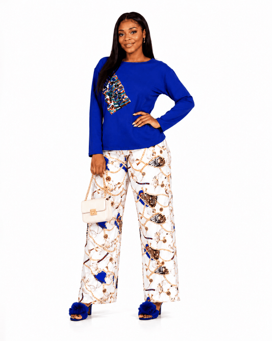 Women's Blue Printed Two-Piece Loungewear Set – Long Sleeve Top & Wide Leg Trousers Co-Ord Set - Co-ordinated Set - Cherubim Aura