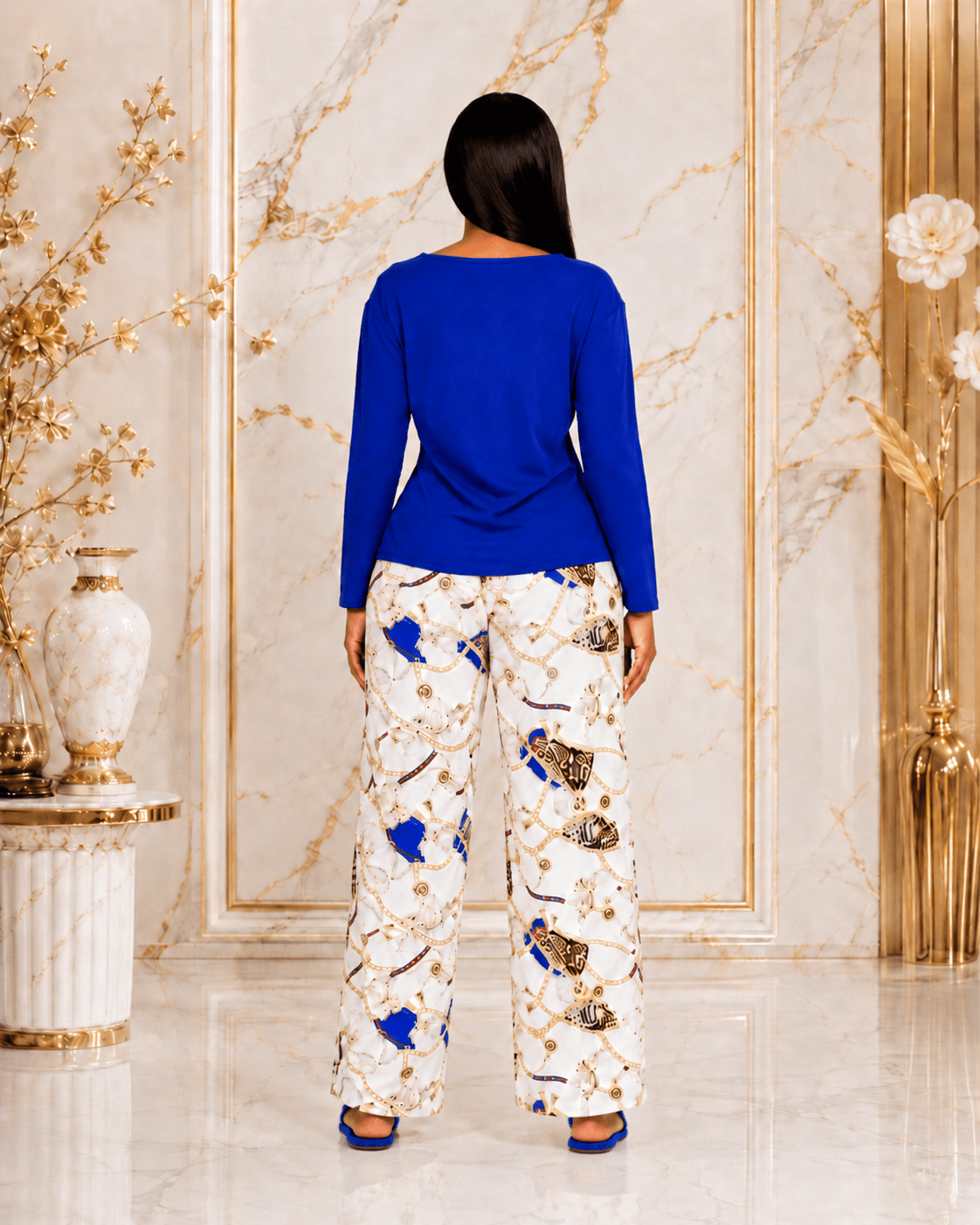 Women's Blue Printed Two-Piece Loungewear Set – Long Sleeve Top & Wide Leg Trousers Co-Ord Set - Co-ordinated Set - Cherubim Aura