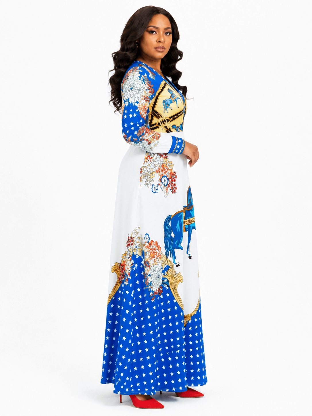 Women’s Blue & White Horse Print Wrap Maxi Dress – Long Sleeve V-Neck High Waist Dress - Maxi Dress - Cherubim Aura