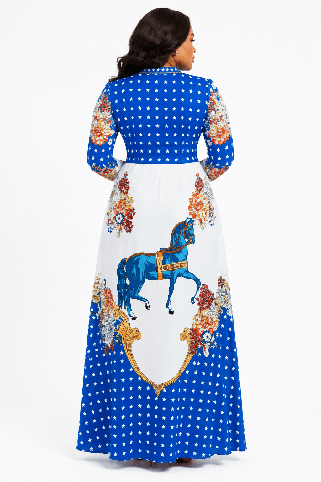 Women’s Blue & White Horse Print Wrap Maxi Dress – Long Sleeve V-Neck High Waist Dress - Maxi Dress - Cherubim Aura