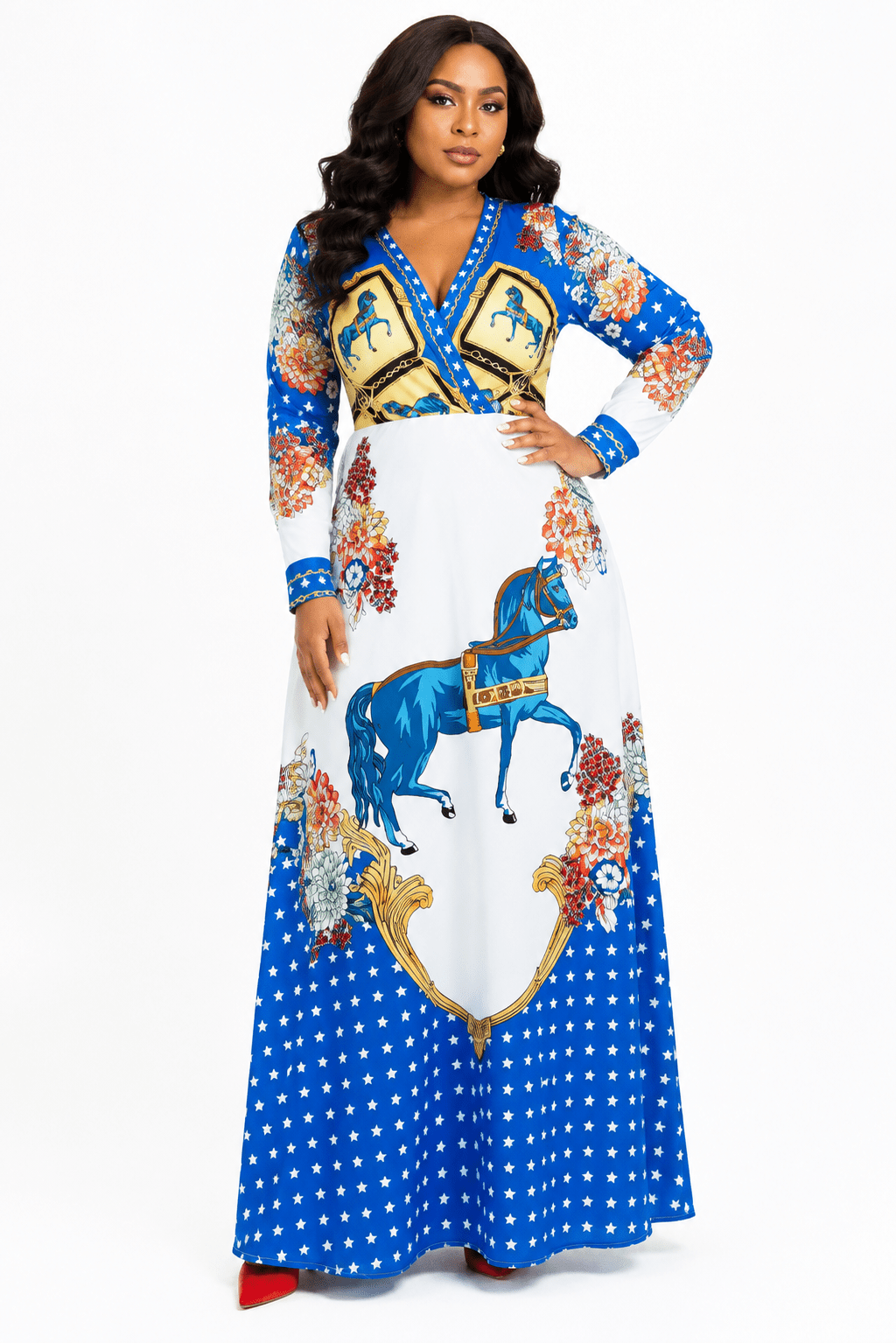Women’s Blue & White Horse Print Wrap Maxi Dress – Long Sleeve V-Neck High Waist Dress - Maxi Dress - Cherubim Aura