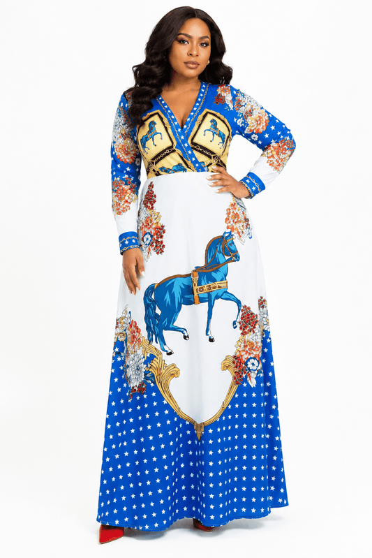 Women’s Blue & White Horse Print Wrap Maxi Dress – Long Sleeve V-Neck High Waist Dress - Maxi Dress - Cherubim Aura