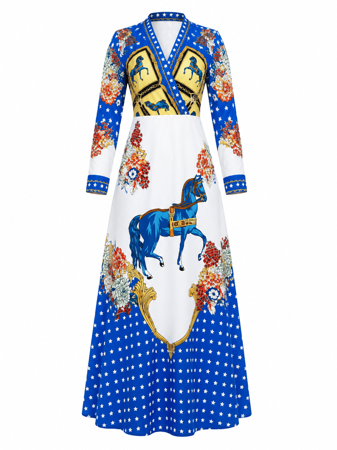 Women’s Blue & White Horse Print Wrap Maxi Dress – Long Sleeve V-Neck High Waist Dress - Maxi Dress - Cherubim Aura