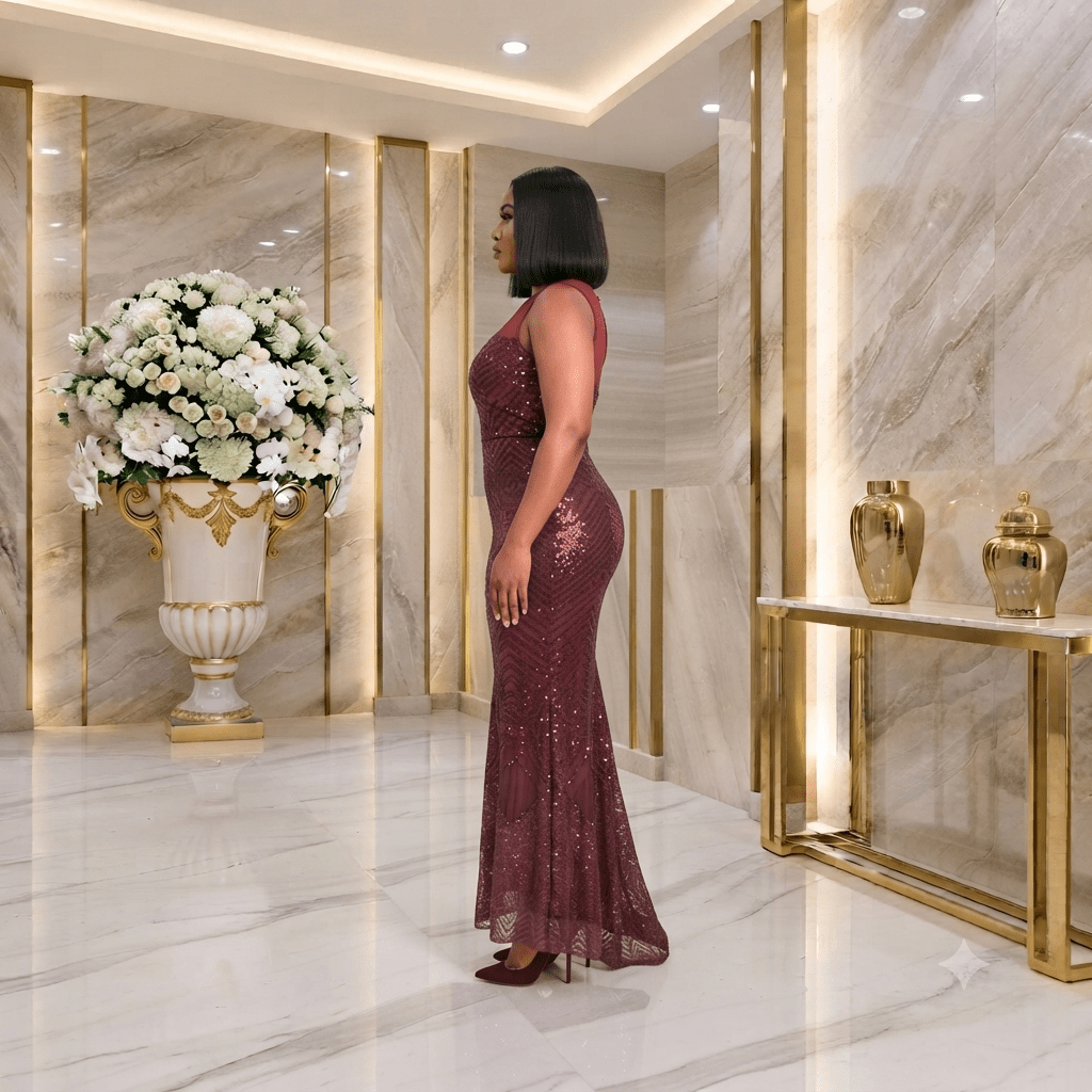 Women's Burgundy Sequin Mermaid Maxi Evening Gown – Elegant Sleeveless Formal Occasion Dress - Maxi Dress - Cherubim Aura