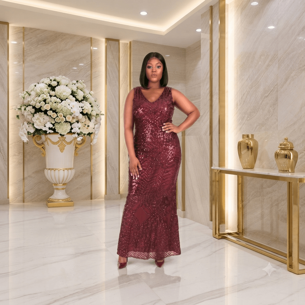 Women's Burgundy Sequin Mermaid Maxi Evening Gown – Elegant Sleeveless Formal Occasion Dress - Maxi Dress - Cherubim Aura
