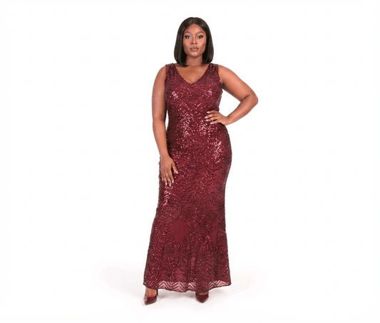 Women's Burgundy Sequin Mermaid Maxi Evening Gown – Elegant Sleeveless Formal Occasion Dress - Maxi Dress - Cherubim Aura