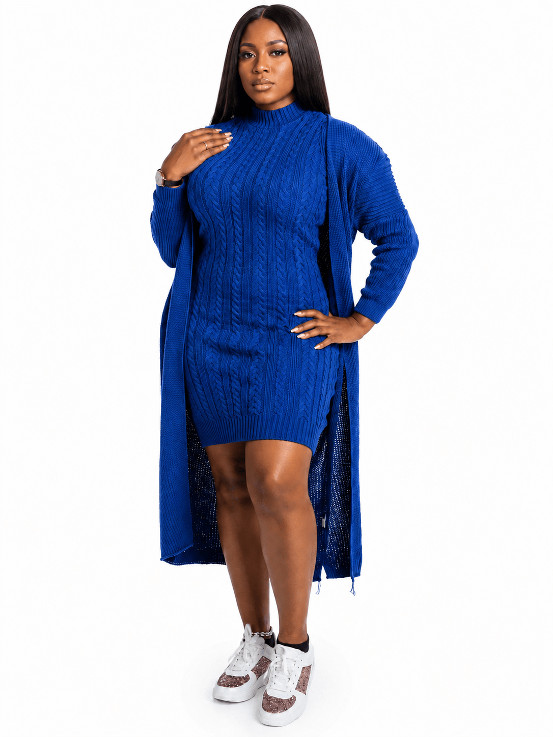 Women's Cable Knit Sweater Dress & Longline Cardigan Set – Cozy 2-Piece Knit Outfit - One Size 10-14 - Mini Dress - Cherubim Aura