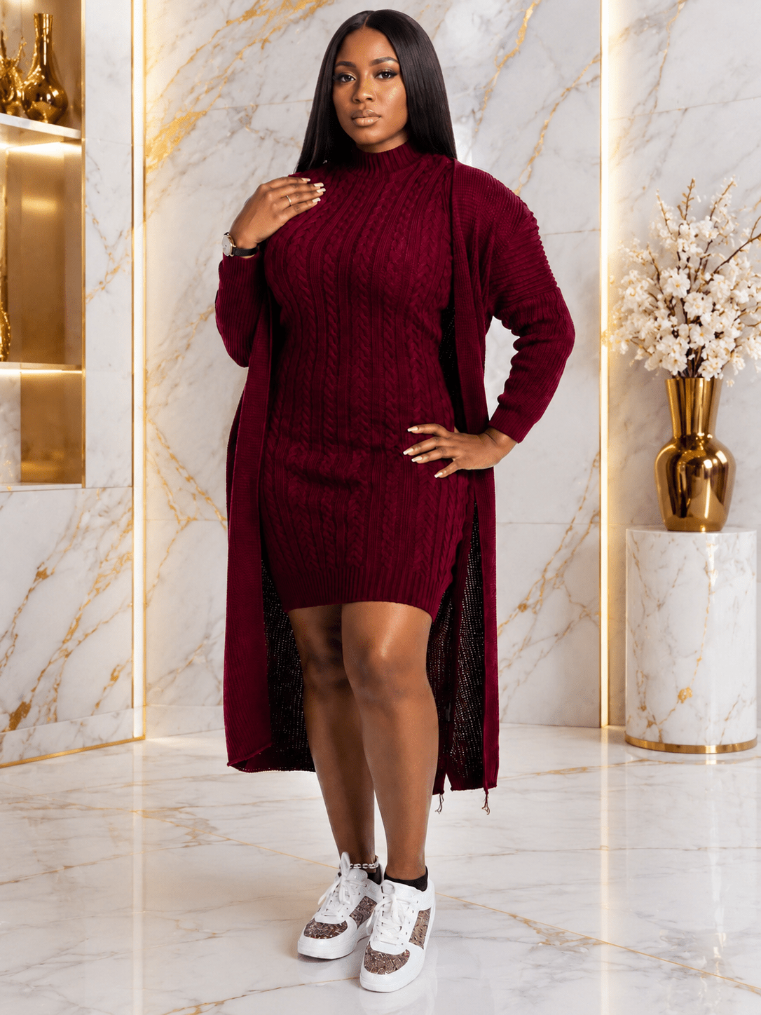 Women's Cable Knit Sweater Dress & Longline Cardigan Set – Cozy 2-Piece Knit Outfit - One Size 10-14 - Mini Dress - Cherubim Aura