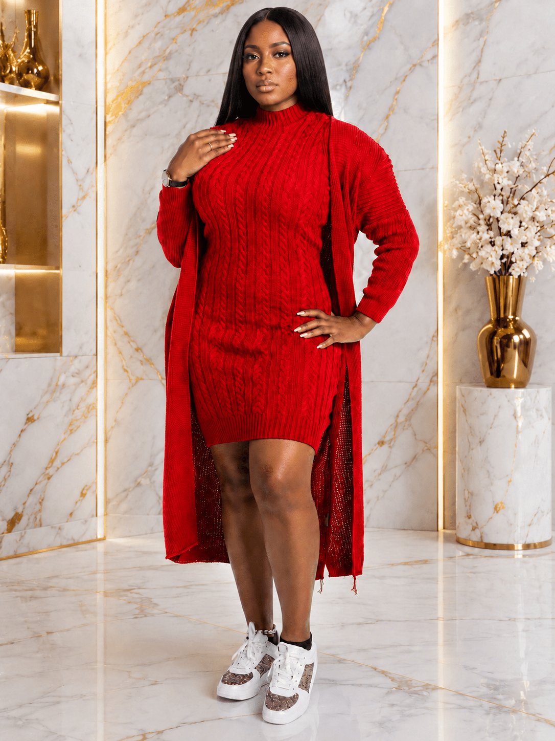 Women's Cable Knit Sweater Dress & Longline Cardigan Set – Cozy 2-Piece Knit Outfit - One Size 10-14 - Mini Dress - Cherubim Aura