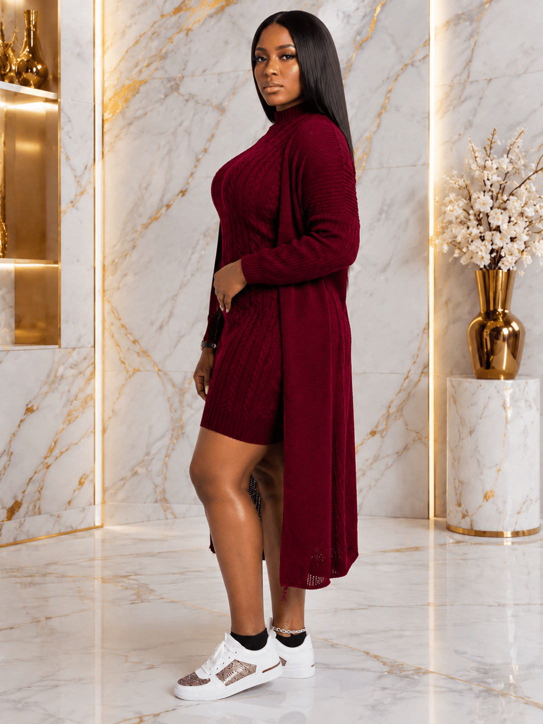 Women's Cable Knit Sweater Dress & Longline Cardigan Set – Cozy 2-Piece Knit Outfit - One Size 10-14 - Mini Dress - Cherubim Aura