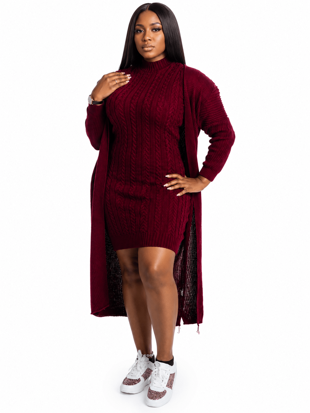 Women's Cable Knit Sweater Dress & Longline Cardigan Set – Cozy 2-Piece Knit Outfit - One Size 10-14 - Mini Dress - Cherubim Aura
