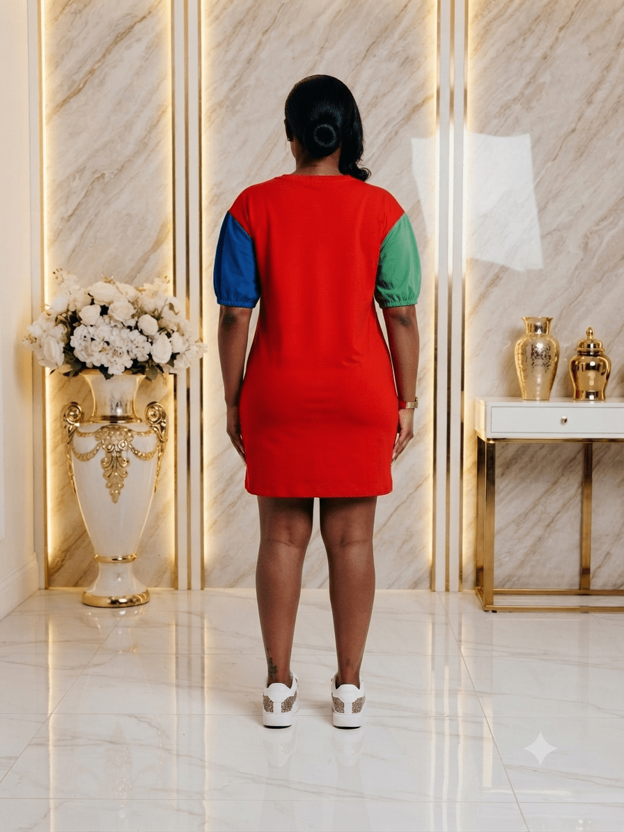 Women's Cartoon Graphic Colour Block T-Shirt Mini Dress – Casual Short Sleeve Pocket Dress (Black / Red) - Mini Dress - Cherubim Aura