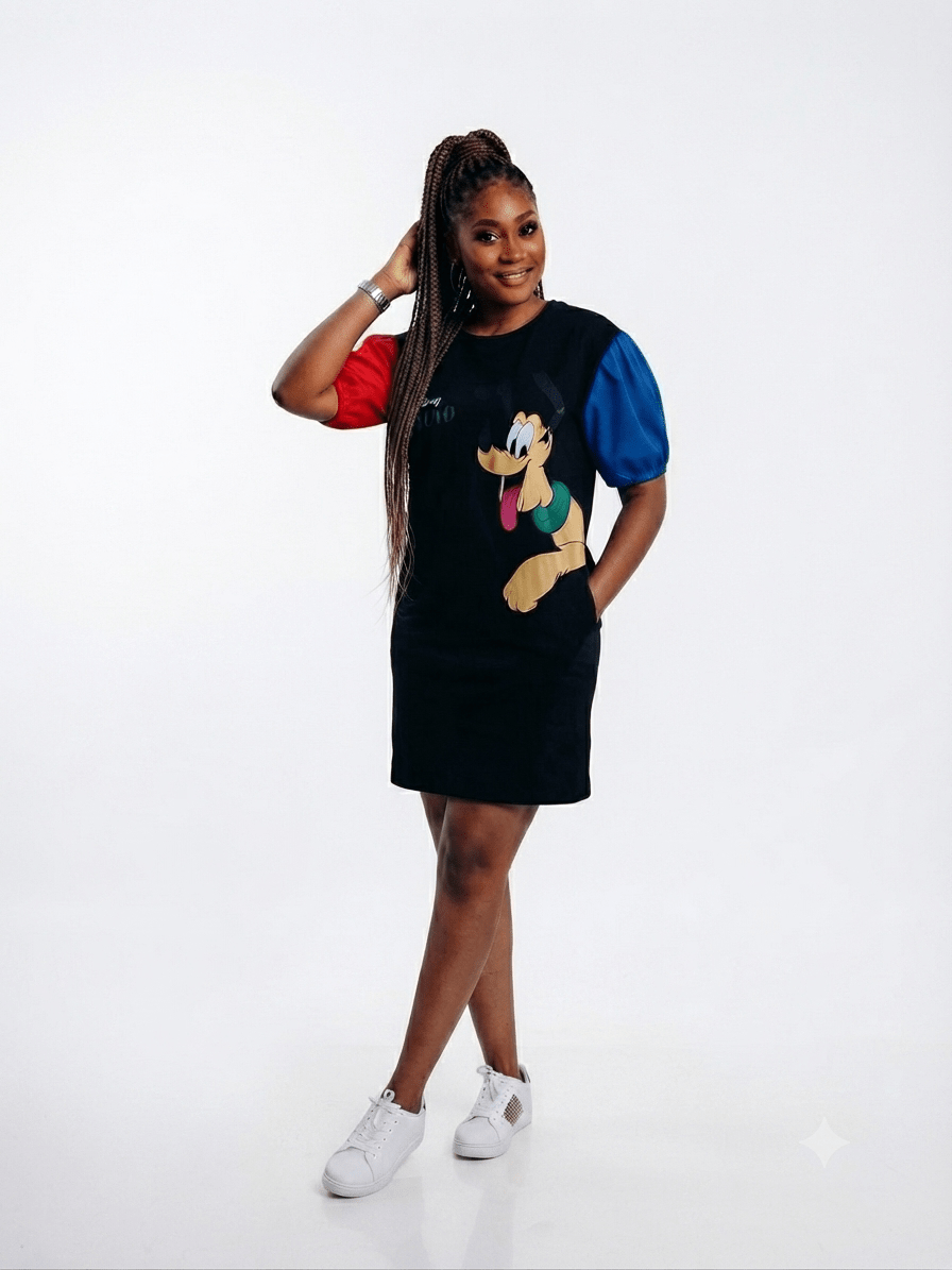 Women's Cartoon Graphic Colour Block T-Shirt Mini Dress – Casual Short Sleeve Pocket Dress (Black / Red) - Mini Dress - Cherubim Aura