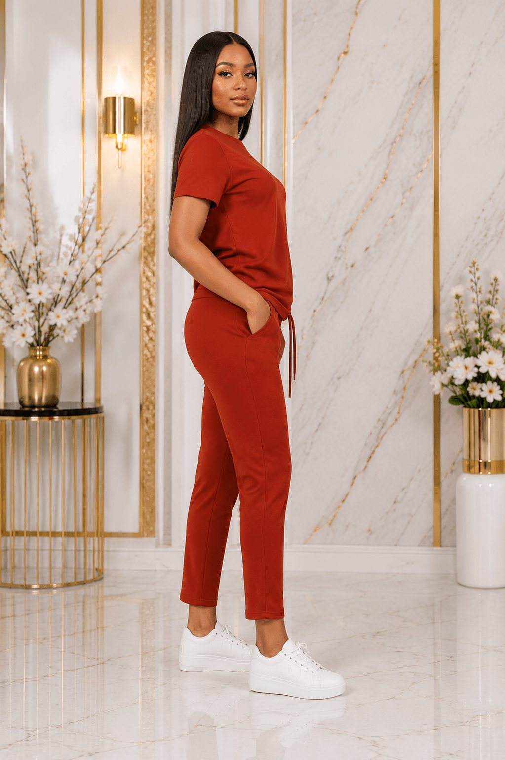 Women's Casual Short Sleeve T-Shirt & Drawstring Pants Two-Piece Lounge Set – Relaxed Co-Ord Outfit (Rust, Beige & Red) - Set - Cherubim Aura