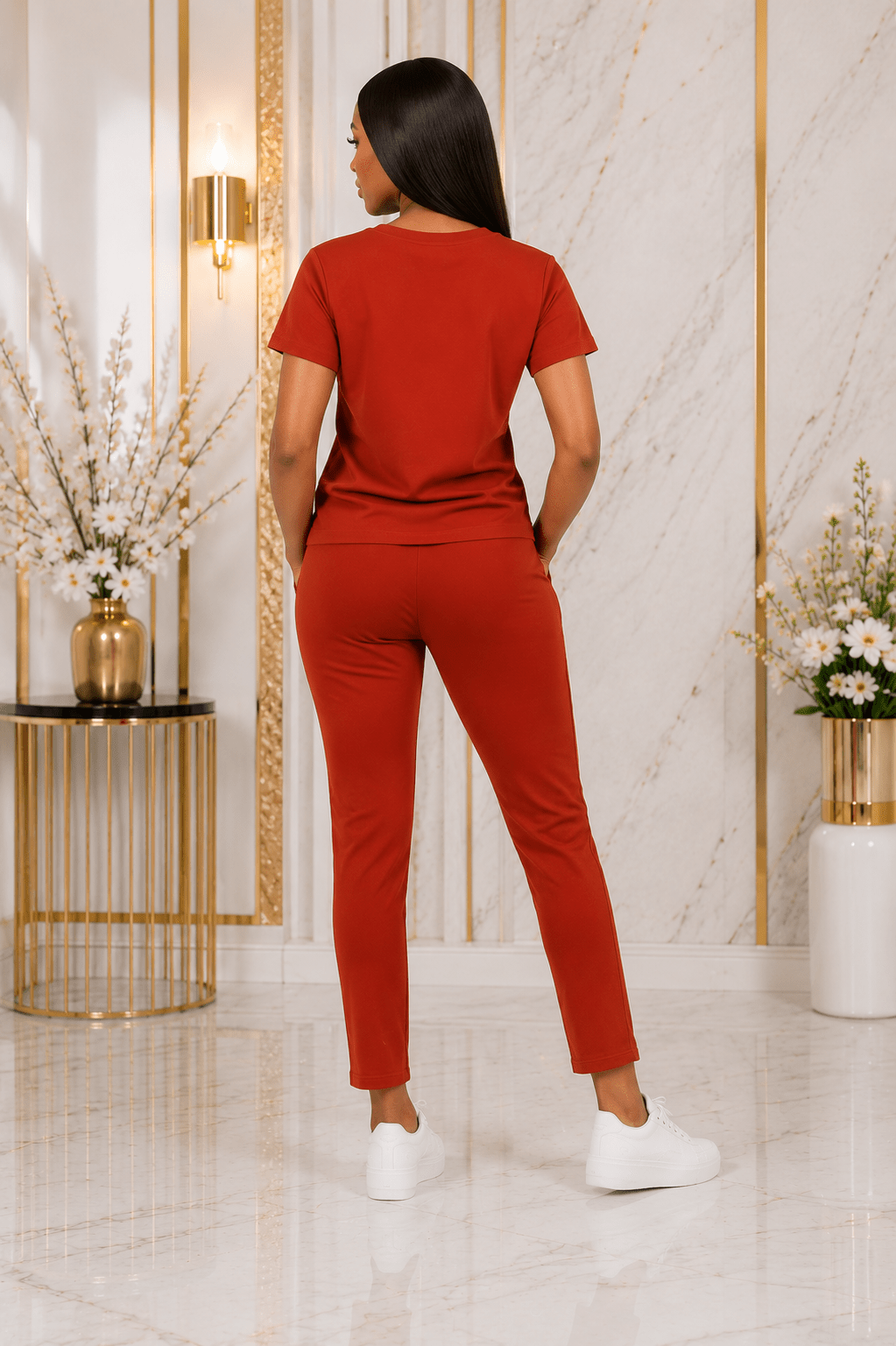 Women's Casual Short Sleeve T-Shirt & Drawstring Pants Two-Piece Lounge Set – Relaxed Co-Ord Outfit (Rust, Beige & Red) - Set - Cherubim Aura