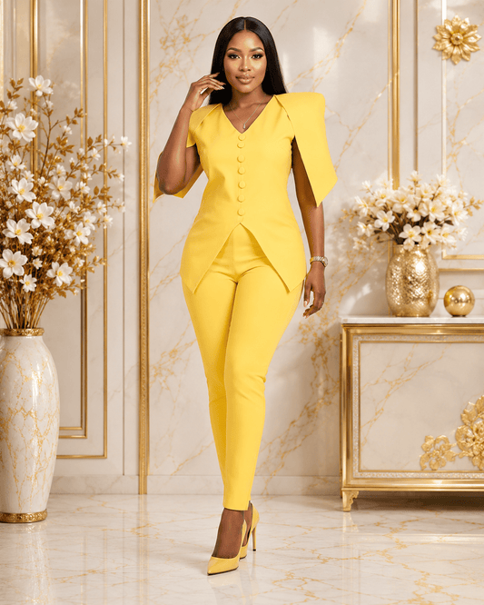 Women's Cold Shoulder Button Detail Top & Slim Fit Trouser Set – Elegant Two Piece Outfit (Yellow, White & Red) - Matching Set - Cherubim Aura