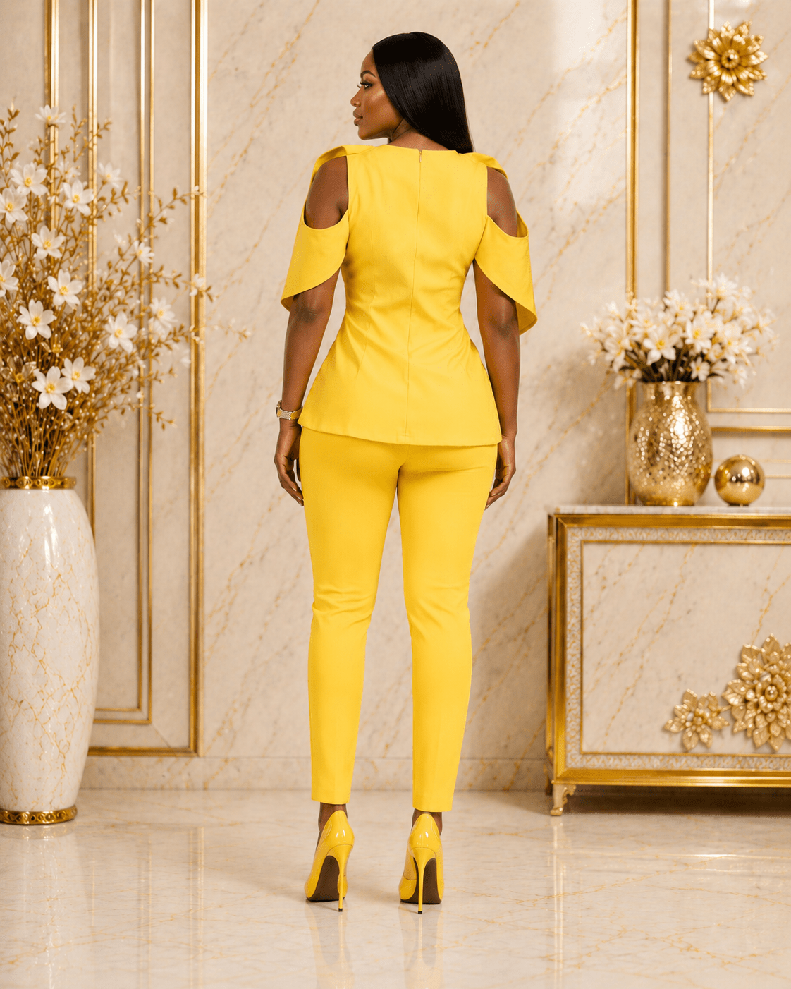Women's Cold Shoulder Button Detail Top & Slim Fit Trouser Set – Elegant Two Piece Outfit (Yellow, White & Red) - Matching Set - Cherubim Aura