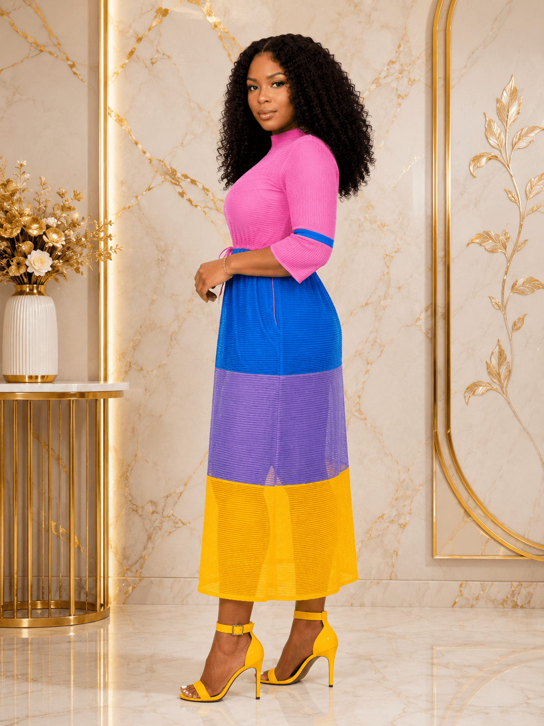 Women's Color Block Sheer Mesh Midi Dress – Mock Neck 3/4 Sleeve Adjustable Waist Dress - Midi Dresses - Cherubim Aura