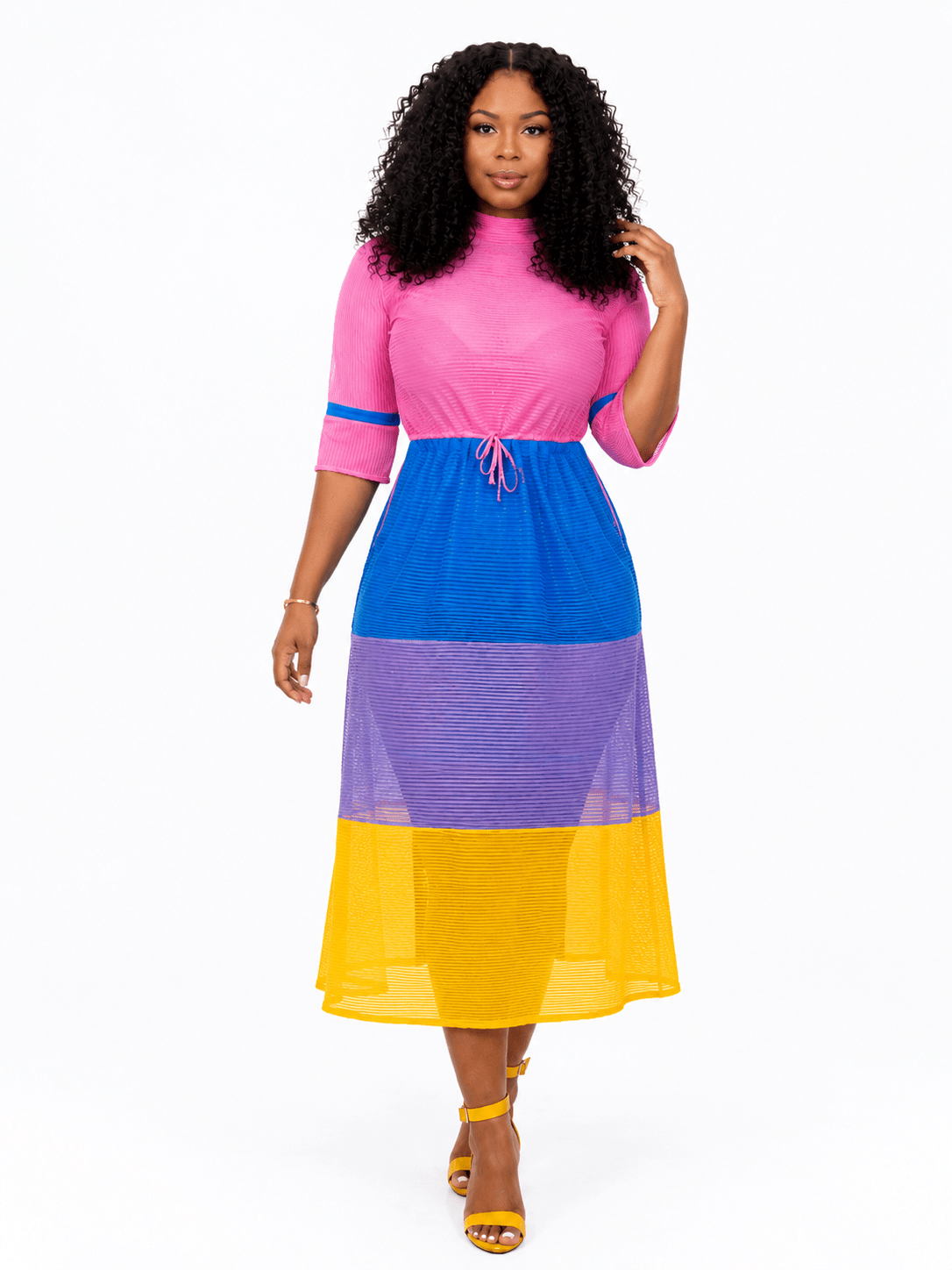 Women's Color Block Sheer Mesh Midi Dress – Mock Neck 3/4 Sleeve Adjustable Waist Dress - Midi Dresses - Cherubim Aura